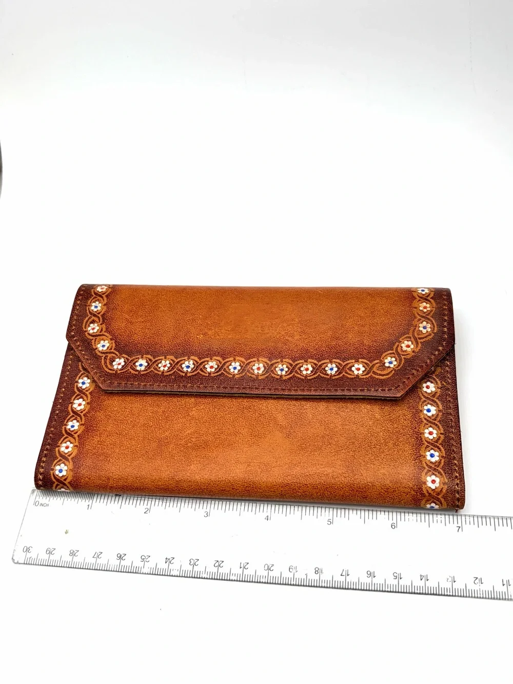 Vintage Hand-tooled Tan Leather Envelope Wallet, Flower Border, Suede Interior